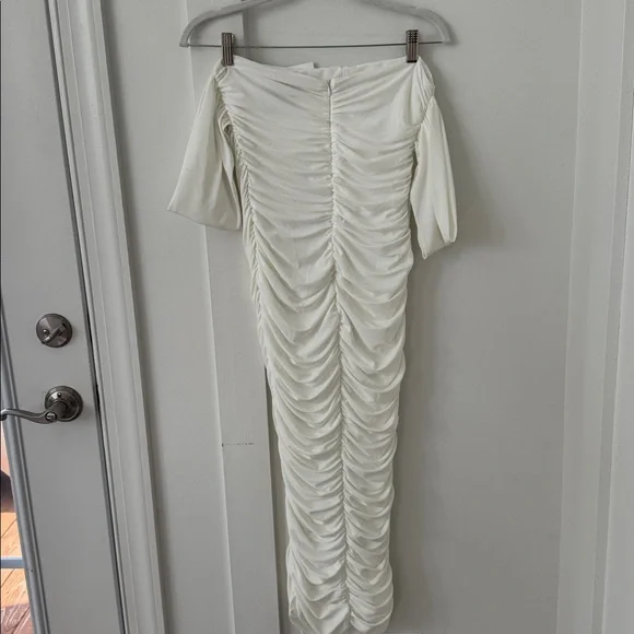 NWT Club L White Maternity Bardot Ruched Draped Midi Dress Size 8 - Picture 10 of 14